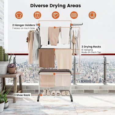 Сушарка для білизни HOMASIS з 4 рівнями, розкладна, на коліщатках та з боковими крилами, 127x63x171 см, сіра