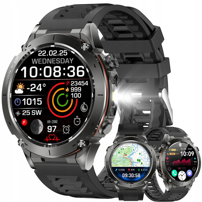 Смарт-годинник Lazird зі вбудованим GPS, акумулятором 730 мАг, ліхтариком та барометром, чорний