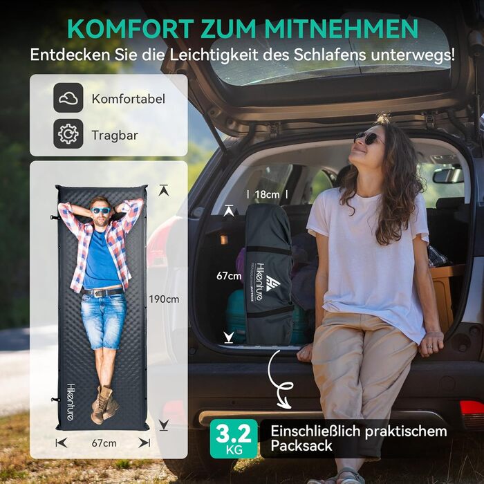 Каремат HIKENTURE самонадувний, 10 см товщини, для кемпінгу, туризму та подорожей, сірий