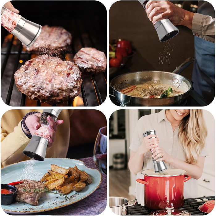 Мельниця для солі та перцю 2-в-1 Cyiecw, ручна, з регульованою керамічною млиночкою, з можливістю поповнення, нержавіюча сталь, срібна