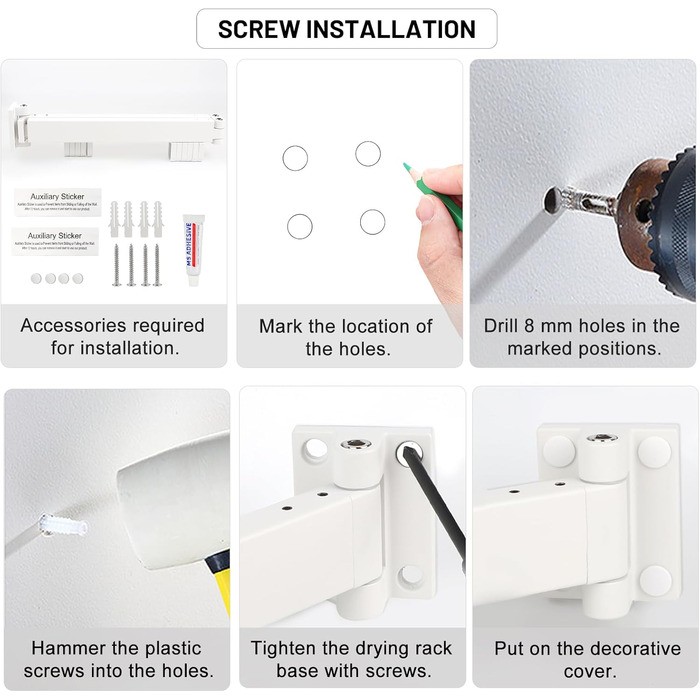 Настінна сушилка для білизни 120см, висувна, складна, з 18 гачками - для балкона, ванної, спальні, білий