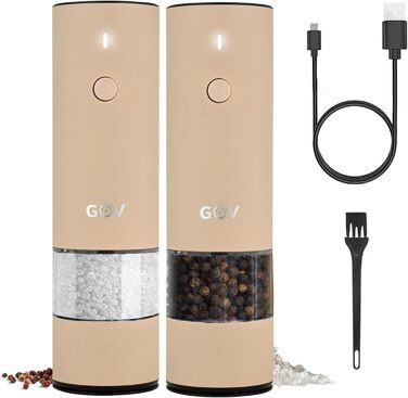 Electric Pepper and Salt Mill Set - 45 ml Beige Edition - USB-C Rechargeable - 6 Adjustable Grind Sizes - Stylish Beige Stainless Steel Design with LED Lamp