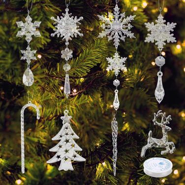 Anstore 30 Pcs Acrylic Ice Stick Snowflake Dangle Charms, Christmas Tree Crystal Decorations, Christmas Tree Ornaments Snowflake Hanging Winter Decorations for Party Wedding Christmas Decorations Transparent