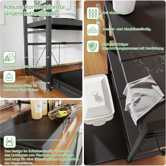 Регульована мікрохвильова полиця NETEL 2-ярусна, полиця над мікрохвильовою піччю, підставка для мікрохвильовки, кухонна полиця для стільниці, полиці для випічки, кухонна полиця з тримачем для напоїв та кошиком, чорна, висувна 40-60 см (3-ярусна з 2 тримач