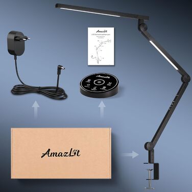AmazLit Adjustable LED Desk Lamp with Remote - 12W Dual Light Source Architect Lamp, Dimmable & Adjustable Color Temperature Clamp Desk Lamp for Office