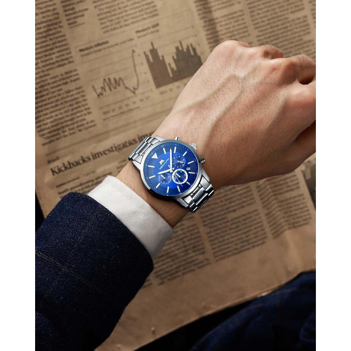 Чоловічий годинник MEGALITH з нержавіючої сталі, хронограф, водонепроникний, з великим циферблатом, датою, для роботи та відпочинку. Стильний подарунок для чоловіків (8345 Silver Blue)