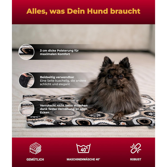 Підстилка для собак XS (45x65 см) – двостороння, м'яка, з наповнювачем 3 см – для дивану, авто, переноски – Made in Germany (45 x 65 см, Мандала Антрацит)
