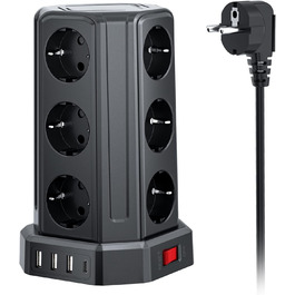 Смуга розподілу Sameriver на 12 розеток з кабелем 5м, 4 USB-порти, захист від перенапруги, чорний