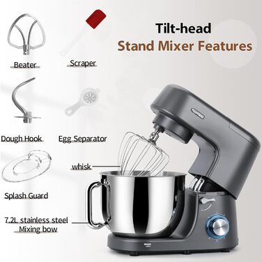 Кухонна машина-міксер 1800W з чашею 7.2L з нержавіючої сталі, 6 швидкостей, низький шум, мультифункціональна (сірий)