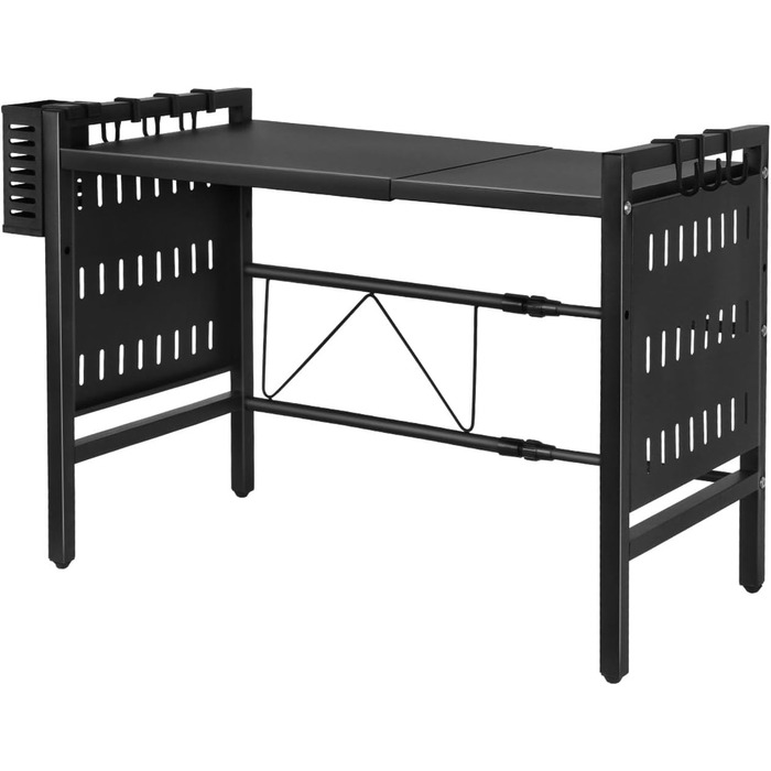 Поличка для мікрохвильової печі 3-рівнева, органайзер з гачками, розширювана, висувна (40-64см), з вуглецевої сталі (чорна, з перфорованим листком, 42-68*36*46см)