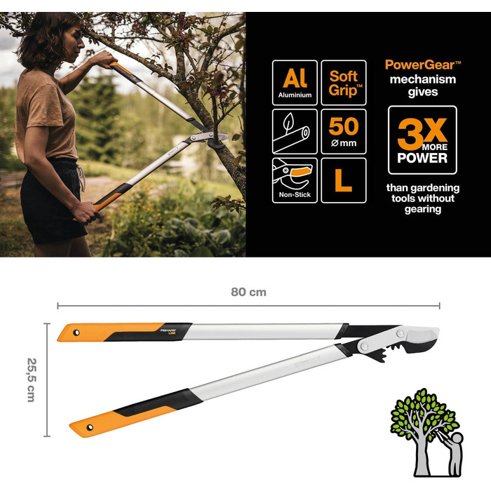Fiskars PowerGear X Bypass Pruning Shears for Fresh Wood, Non-Stick Coated, Hardened Precision Steel, Length: 80 cm, Black/Orange, LX98-L, 1020188