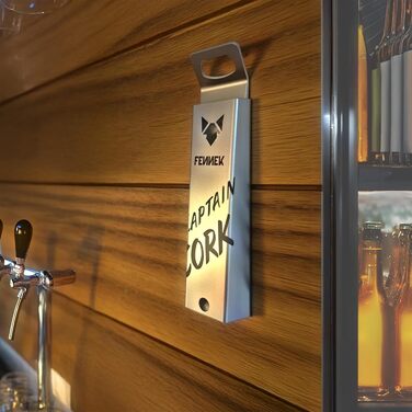 FENNEK Captain Cork | Bottle Opener | Integrated, super-strong magnet for up to 40 bottle caps | Easy mounting with adhesive tape or screws | made of stainless steel | Made in Germany