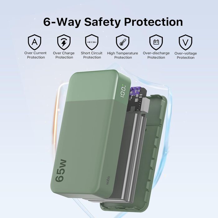 Powerbank NOBIS 20000mAh, 65W, з цифровим дисплеєм, Dual USB-C/USB-A, для ноутбука, телефону, планшета, зелений