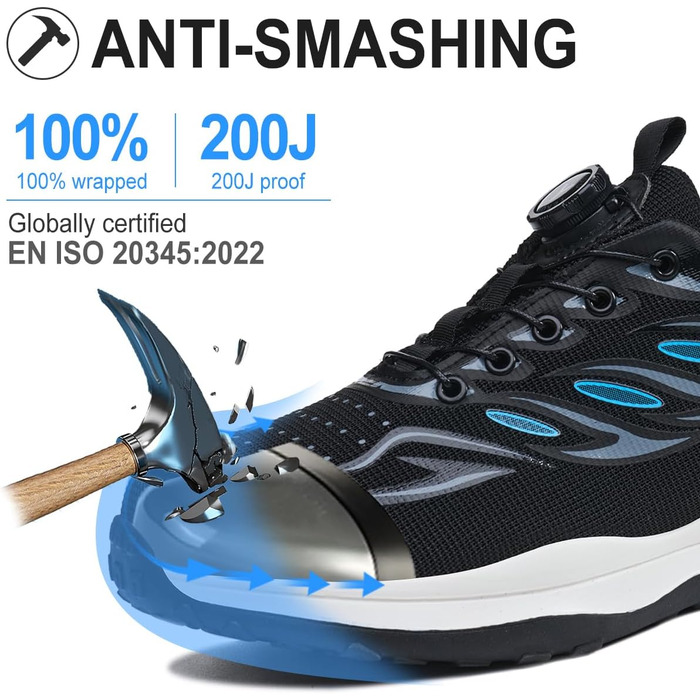 Робочі черевики: безпекові черевики для чоловіків та жінок, легкі, спортивні, дихаючі, зі сталевим підноском, унісекс, розміри 36-46 EU (42 EU, синій, на кнопці)