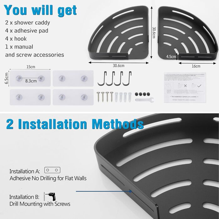 GERUIKE Shower Shelf Shower Basket Bathroom Shelf Shower Shelf Corner Black No Drilling Wall Mount Adhesive Aluminum Matte 2 Piece Shower Gel Shampoo Holder Corner Shelf Corner Shelf for Shower Bathroom Kitchen