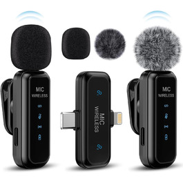 Навушники-мікрофон Laqula 2-в-1 бездротові петличні для iPhone, iPad, Android, камери, USB-C, 2 шт., шумозаглушення, кристально чиста якість запису для відео, Vlog, YouTube, TikTok, інтерв'ю, чорний