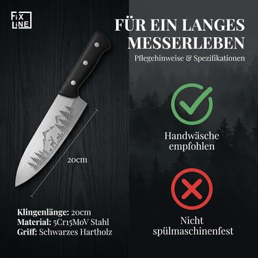 Ніж кухарський FIXLINE® Chefmesser 20 см BLACK FOREST Edition – професійний ніж для кухні, нержавіюча сталь, чорна дерев'яна ручка, подарункова упаковка