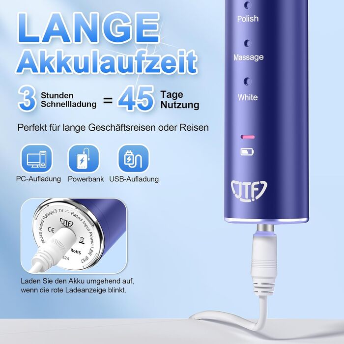 Електрична звукова зубна щітка JTF з очищувачем язика, 8 насадок, 5 режимів, Smart Memory, таймер 2 хв, IPX7, бездротова зарядка, для дорослих (блакитна) + очищувач язика