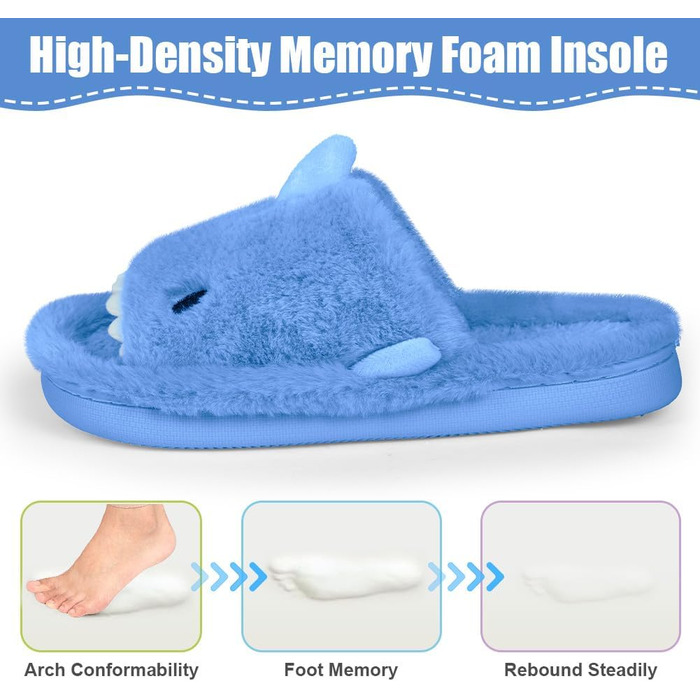 OFFCUP Жіночі домашні тапочки з м'якою підошвою, у вигляді акули, антиковзкі, зручні, з піною Memory, плюшеві, для дому та вулиці (42/43, блакитні)
