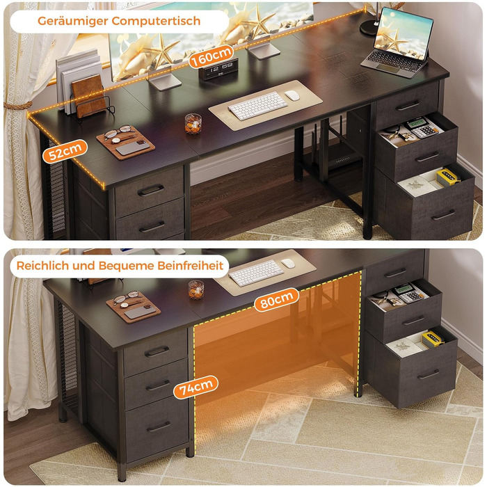 Комп'ютерний стіл Coleshome з 6 висувними ящиками, 160x52 см, з полицями для дому та офісу (чорний)