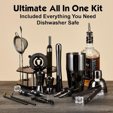 Набір для коктейлів 21 предмет | Набір шейкерів для коктейлів з обертовим підставкою | Шейкер з міцної нержавіючої сталі з аксесуарами | У комплекті стильна чорна подарункова коробка | Барний набір (Чорний)