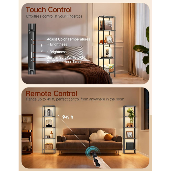Стельова лампа з полицею, LED, регулювання яскравості, 3 колірні температури, сенсорне управління та пульт, полиця для книг, дерев'яна, сучасний дизайн для вітальні, спальні, офісу (чорний)