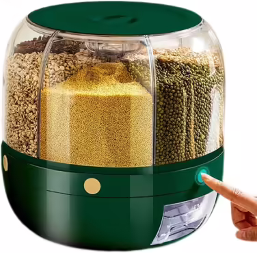 Rotating Dry Food Storage Container with 6 Compartments, Cereal Storage Container, Countertop, 6 kg Grain Organizer and Dispenser, Round, 360-degree Rotating Food Dispenser for