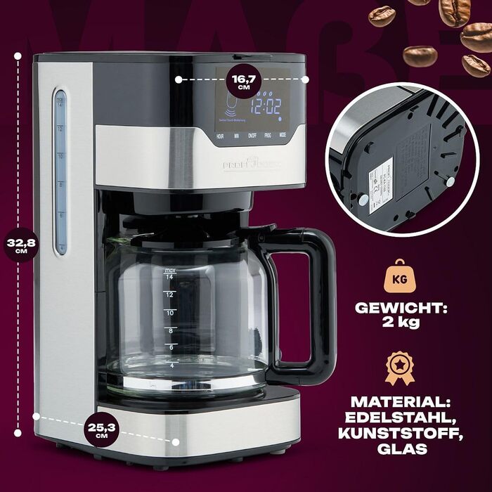 Кавоварка Profi Cook PC-KA 1169 Inox, фільтраційна, на 12-14 чашок, з сенсорним керуванням, 3 електричні режими аромату, корпус із нержавіючої сталі, фільтр, для меленої кави