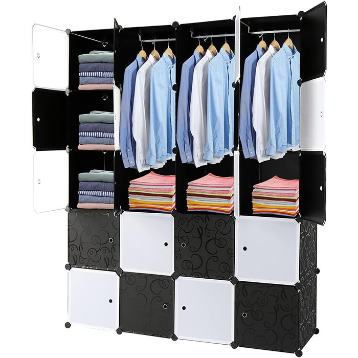 Regal system, 10 cubes, plastic wardrobe with doors, modular cabinet for space-saving storage, 70 x 45 x 175 cm, white door & black cabinet. Storage for clothing, shoes, etc. (140 x 45 x 175 cm, black and white)