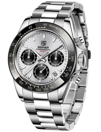 Чоловічий годинник BENYAR: Хронограф, кварцовий механізм, водонепроникний, з нержавіючої сталі, білий та чорний колір