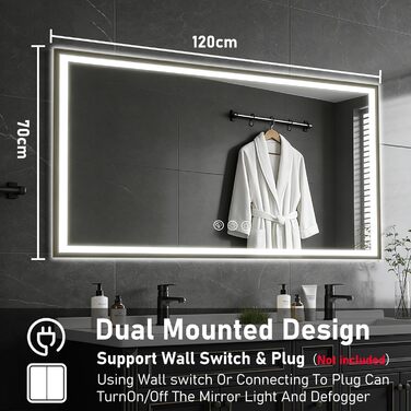 Дзеркало для ванної кімнати 50x70 см з підсвічуванням LED, антизапар, регулювання яскравості, 3 кольори світла