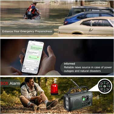 Радіо на механічному заводі DAB+ FM 20000mAh, Аварійне радіо DAB+ з сонячною панеллю та Bluetooth, Радіоліхтарик з зарядкою для телефону та компасом для виживання (Зелений)