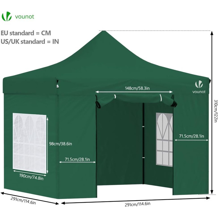 VOUNOT Gazebo 3x3m Waterproof Stable Winterproof, Pop Up Folding Gazebo with 4 Side Walls and 4 Sandbags, Party Gazebo Folding Garden Tent Party Tent, (Green)