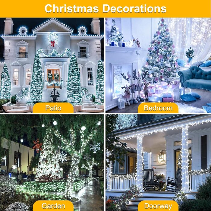 Різдвяна гірлянда з пультом дистанційного керування, 10 м, 100 LED, вологостійка для зовнішнього використання, 8 режимів. Ідеально підходить для садів, вечірок, терас та балконів, святкова декор. (Холодне біле світло, 10м, 100 LED)