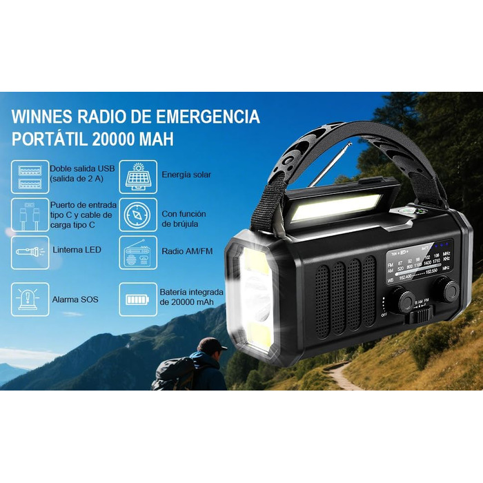 Радіостанція на сонячній батареї з живленням від ручки, 20000 mAh, SOS-сигнал, FM/AM, ліхтарик, компас, для кемпінгу та надзвичайних ситуацій (Чорний)