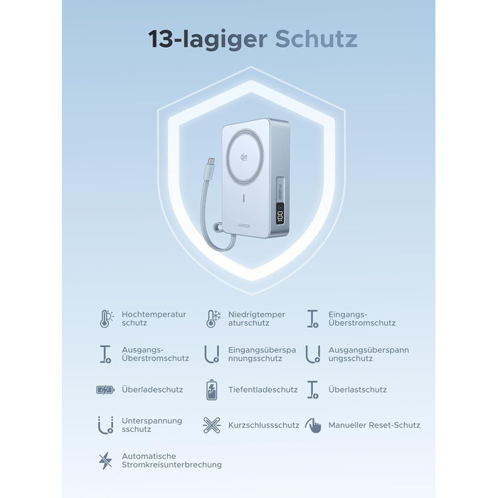 Power Bank UGREEN MagFlow 10000mAh 25W з MagSafe, PD30W USB-C, інтегрований кабель, LED-дисплей, для iPhone 17 Pro/Max