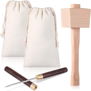 4-Piece Canvas Ice Scraper and Crusher Set with Stainless Steel Ice Pick with Safety Cover, Wooden Handle and Sheath, Wooden Ice Crusher Hammer for Crush Ice Tools Bartender Bar Kitchen Accessories