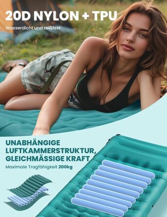 Glymnis Isomatte Camping Air Mattress - 9cm Thick, with Foot Pump & Pillow - Ultralight Outdoor Sleeping Pad for Camping, Hiking, Travel - Army Green/Turquoise