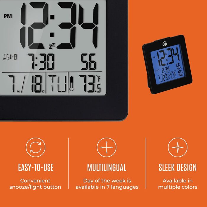 Marathon Alarm Clock | Digital Clock with Date, Temperature, and Calendar | Dual Alarm with Snooze Function and 7 Language Options | Backlit