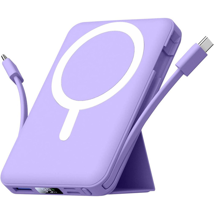 Power Bank Azmuth MagSafe 10000mAh для iPhone з LED дисплеєм, бездротова зарядка, білий (фіолетовий)