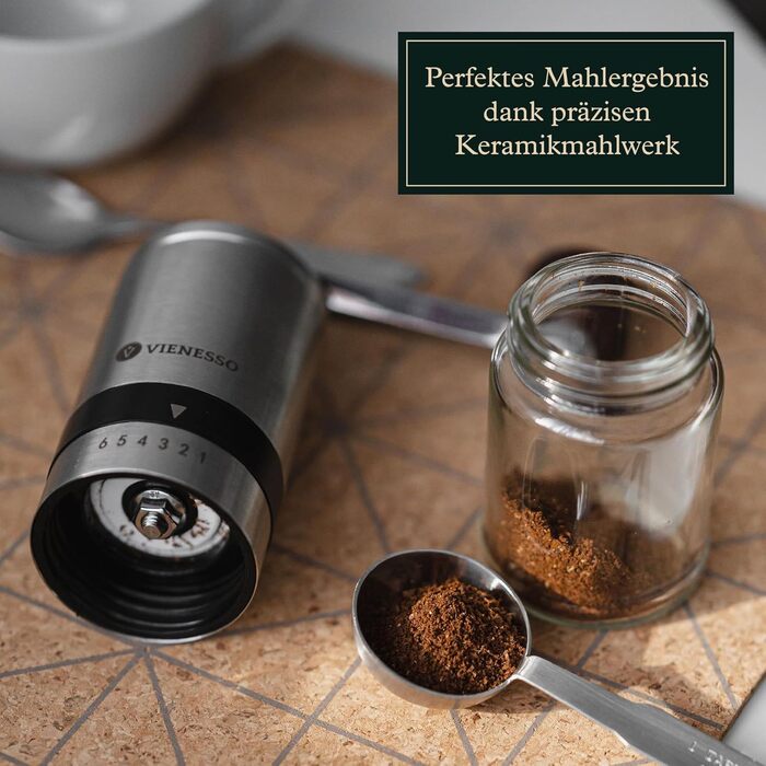 VIENESSA Coffee Grinder Manual/Hand with Ceramic Burr | manual coffee and espresso grinder with 6 grind settings | hand coffee grinder made of stainless steel and glass container + E-Book (silver)