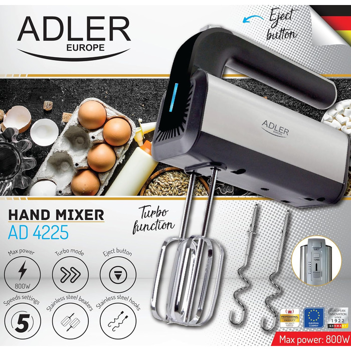 Ручний міксер ADLER AD4225, 800W, 5 швидкостей, турбо-режим, з нержавіючої сталі, для тіста та мусів