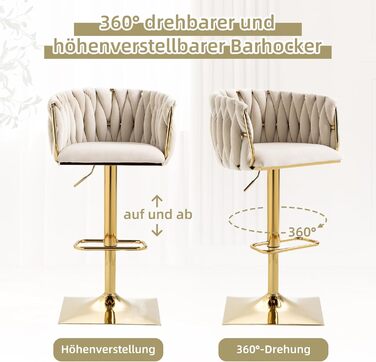 SUPPNEED Velvet Bar Stools 2-Pack - Adjustable Swivel Barstools with Backrest for Kitchen & Home Bar (Ivory)