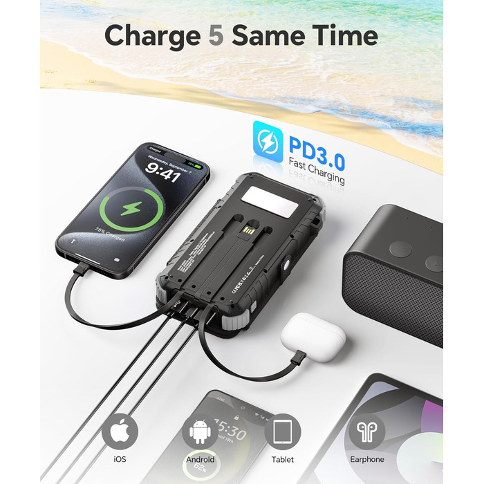 Сонячний Power Bank 26800mAh з 5 виходами USB та USB-C, водонепроникний, з ліхтариком та карабіном, для кемпінгу та зарядки телефонів/планшетів (сірий)