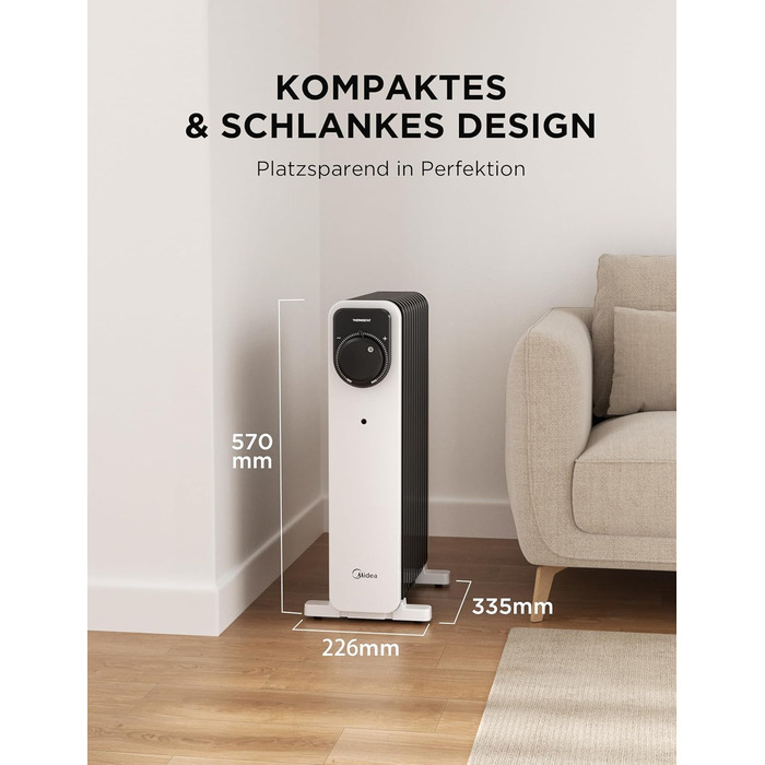 Електричний масляний радіатор Midea 2000W з 9 ребрами, термостатом та захистом від перегріву, 3 режими нагріву, тихий, для дому та офісу