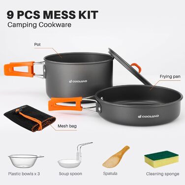 Odoland Camping Cookware Set, 9-Piece Outdoor Dish Set with Camping Pot, Camping Frying Pan for Camping, Outdoor Cooking, Hiking, and Travel