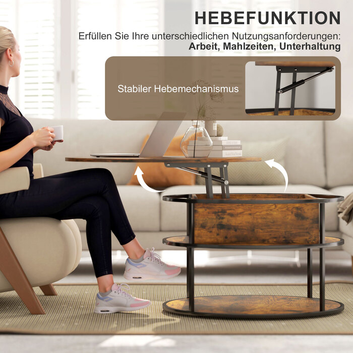 HOMCOM Adjustable Height Round Coffee Table Ø80 cm Living Room Table with Storage Shelf and Hidden Storage Space, Coffee Table Side Table for Living Room, Brown | Aosom