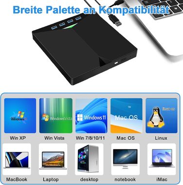 Зовнішній USB 3.0 CD/DVD привід-записувач з Type-C та багатофункціональним картрідером (USB, SD, TF) для ноутбука та ПК, Windows/Linux