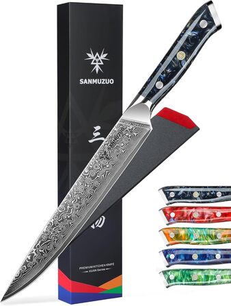 Ніж кухарський Sanmuzuo Xuan серії з дамаської сталі VG10, 23 см, для м'яса та шинки, з ручкою з харчового епоксидного компаунду (чорний)