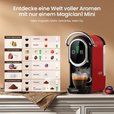 Кавомашина капсульна Magician1 Mini 5в1 для Nespresso, Dolce Gusto, Lavazza A Modo Mio, ESE 44, кавової гущі | 20 bar, 1450 W, LED-дисплей, 7 рівнів води | для дому та офісу, червона